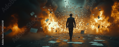 Man walking through fiery explosion with flying documents. Intense cinematic scene of determination and chaos as papers scatter in the air.
