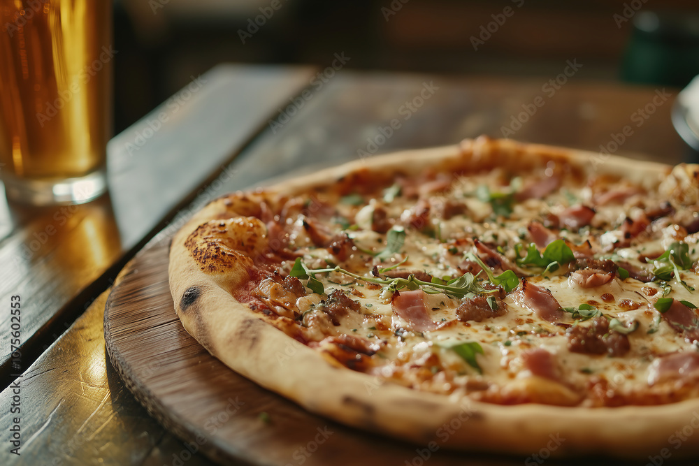 Delicious gourmet pizza topped with fresh ingredients served with a cold beverage on a wooden table in a cozy restaurant. Generative AI Delicious gourmet pizza topped with fresh ingredients served with a cold beverage on a wooden table in a cozy restaurant. Generative AI