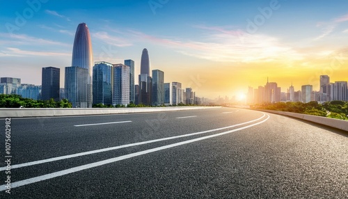 asphalt highway road with modern city buildings scenery at sunrise in shenzhen car advertising background