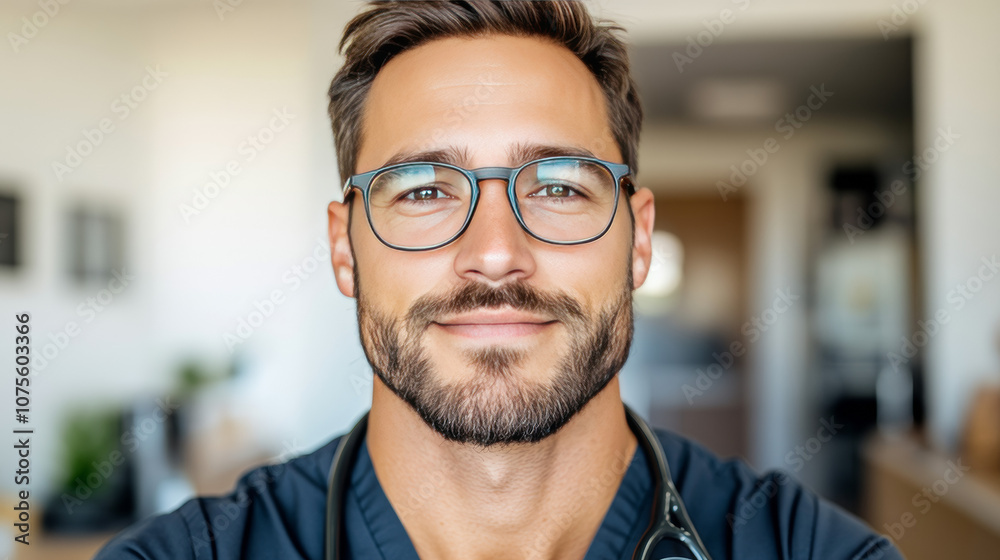 Fototapeta premium Smiling male doctor wearing glasses and scrubs.