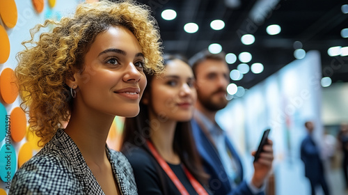 Group of diverse young professionals at a business event or conference, standing in front of a colorful wall display and looking ahead with focused expressions