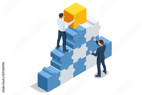 Isometric Business Puzzle. Teamwork and partnership. Business people join puzzle pieces. Doing business. Business people join puzzle pieces.