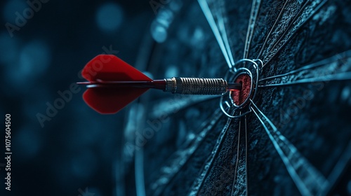 Close-up of a red dart hitting the bullseye of a dartboard.