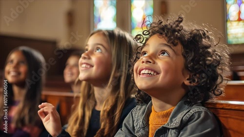 Children in catechism class learn about faith and Christianity in a church setting on a Sunday morning