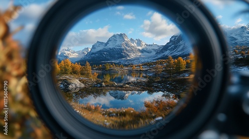 View of snowy mountain peaks reflected in a calm lake through a camera lens.