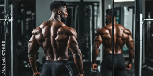 A bodybuilder posing in a gym mirror, showcasing their well-defined back and shoulder muscles photo