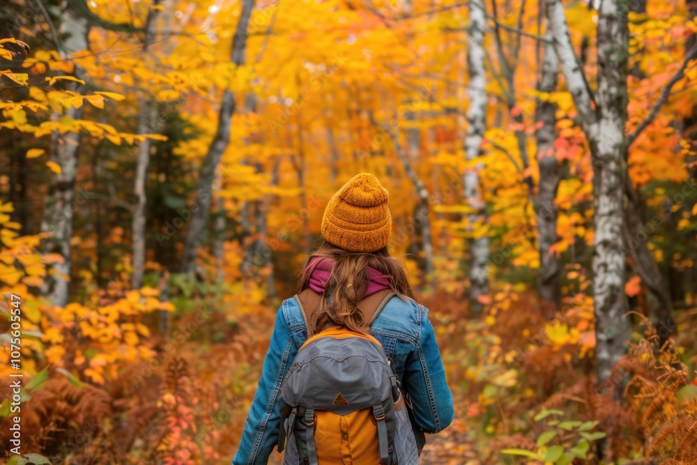 Fall Activity. Woman Walking in Autumn Forest Woods in Quebec City Park with Backpack Fall Activity. Woman Walking in Autumn Forest Woods in Quebec City Park with Backpack