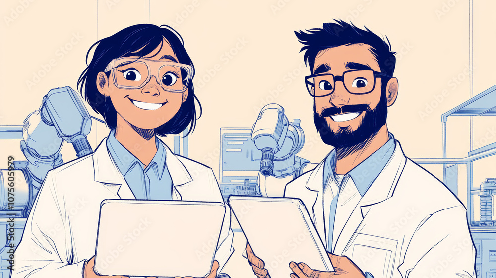Smiling scientists in a lab working together. Smiling scientists in a lab working together.