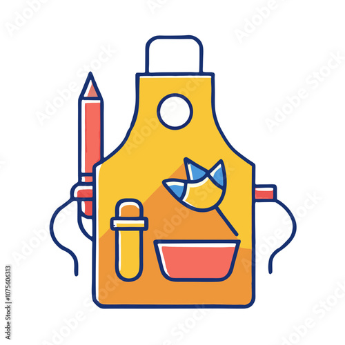 Artistic apron icon featuring tools for painting and creative projects in a vibrant design