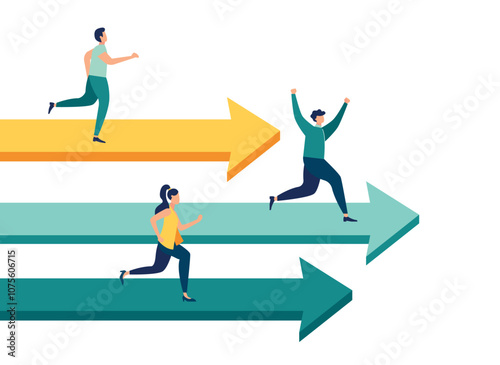 Business competition, contest or rivalry against competitors to increase sales for victory, performance compare to other employees concept, businessman and woman compete running on arrow racetrack