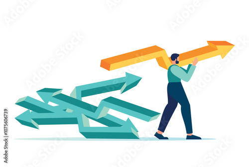 Purposefulness, increased motivation, a way to achieve goals, search for solutions, a businessman moving forward up arrow, vector illustration