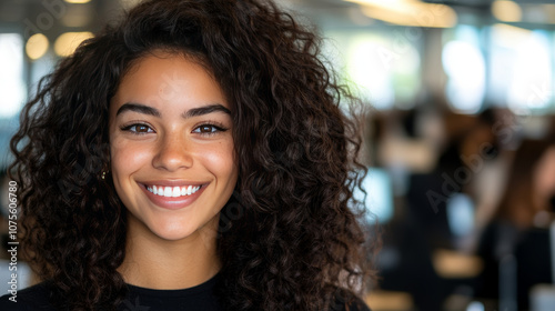 Smiling young woman with curly hair in an office setting.