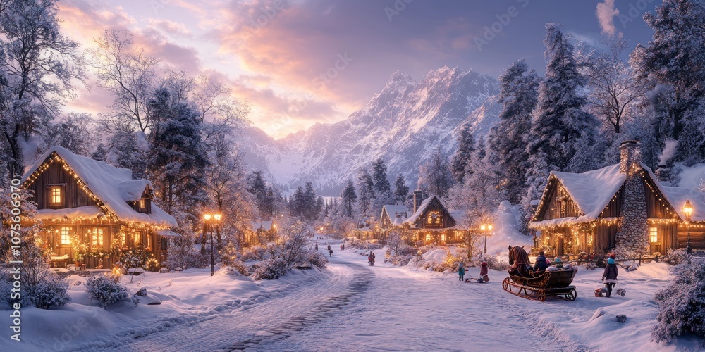 A snowy winter village nestled in a mountain valley with a family riding a sleigh at dusk. A snowy winter village nestled in a mountain valley with a family riding a sleigh at dusk.
