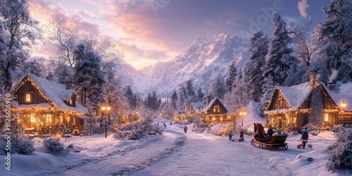 A snowy winter village nestled in a mountain valley with a family riding a sleigh at dusk.