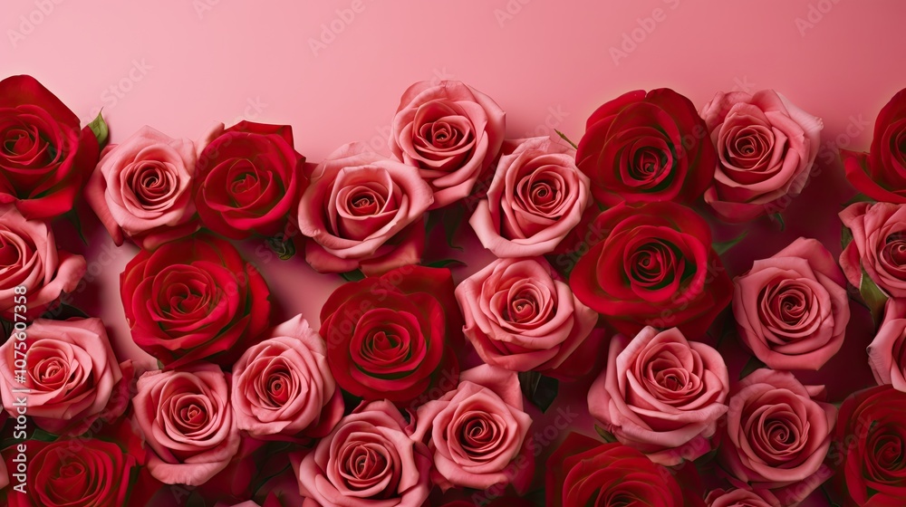 Vibrant red roses arranged on a soft pink surface, each petal exuding romance and passion Vibrant red roses arranged on a soft pink surface, each petal exuding romance and passion