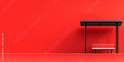 A bus stop icon positioned on the right side, set against a vibrant panoramic red background with ample space for text.