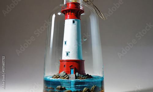 A miniature lighthouse sits inside a glass bottle with blue water surrounding its base photo