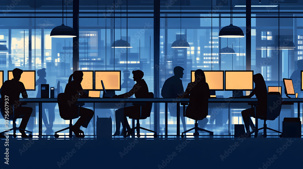 Silhouettes of busy office employees, capturing a modern workplace atmosphere. illustrations Silhouettes of busy office employees, capturing a modern workplace atmosphere. illustrations