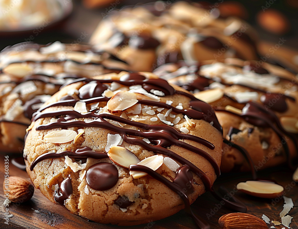 Close-up of Almond Joy Cookies with Chocolate Drizzle Close-up of Almond Joy Cookies with Chocolate Drizzle