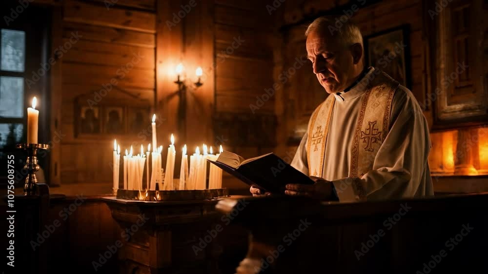 Elderly priest reading in a dimly lit wooden chapel, surrounded by candles, creating an atmosphere of solemnity, devotion, and spiritual reflection Elderly priest reading in a dimly lit wooden chapel, surrounded by candles, creating an atmosphere of solemnity, devotion, and spiritual reflection