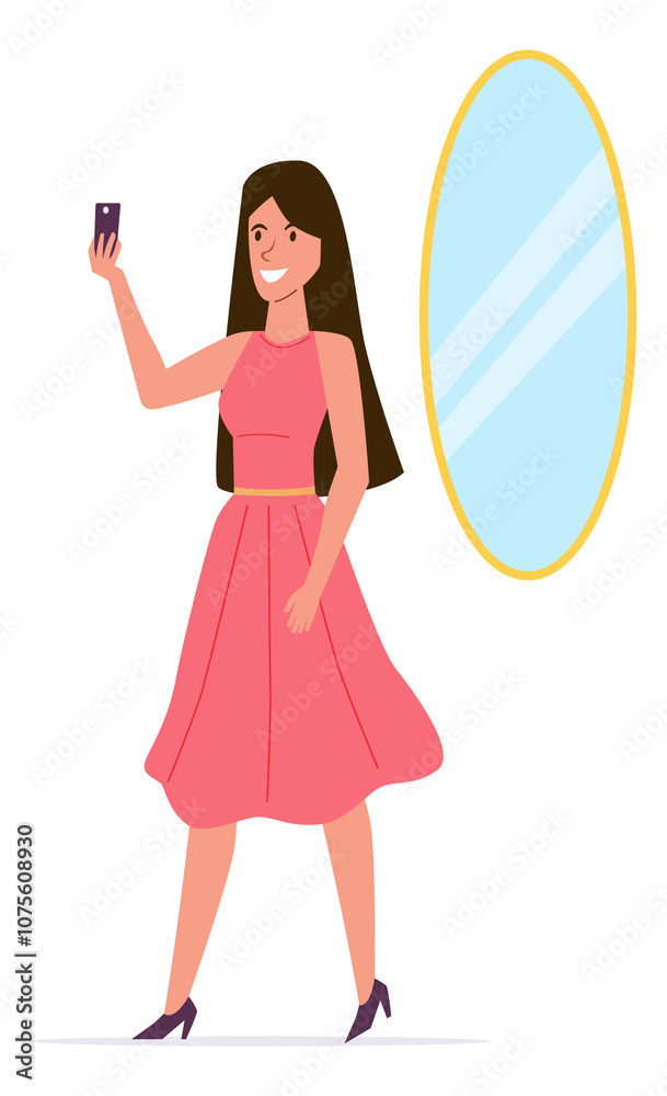A woman in a pink dress is taking a selfie in front of a mirror A woman in a pink dress is taking a selfie in front of a mirror
