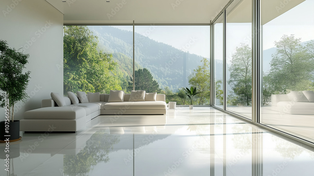 Fototapeta premium Modern minimalist living room with sleek furniture clean lines and neutral colors featuring large windows and natural light