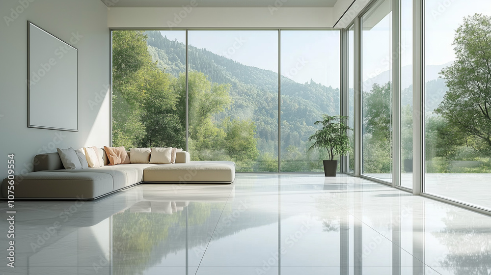 Fototapeta premium Modern minimalist living room with sleek furniture clean lines and neutral colors featuring large windows and natural light