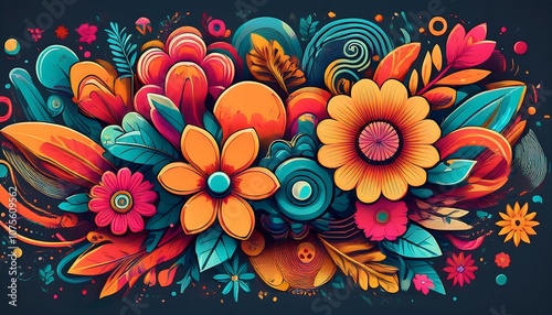  A colorful vector design featuring vibrant flowers, cartoonish elements, and a mix of retro_1(128)