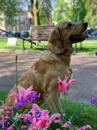 Chien golden retriever se promène dans un parc au milieu des fleurs
