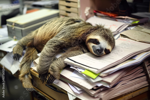 Large brown and black sloth is sleeping on a desk with a pile of papers. The scene is humorous and lighthearted, as the sloth is not in its natural habitat