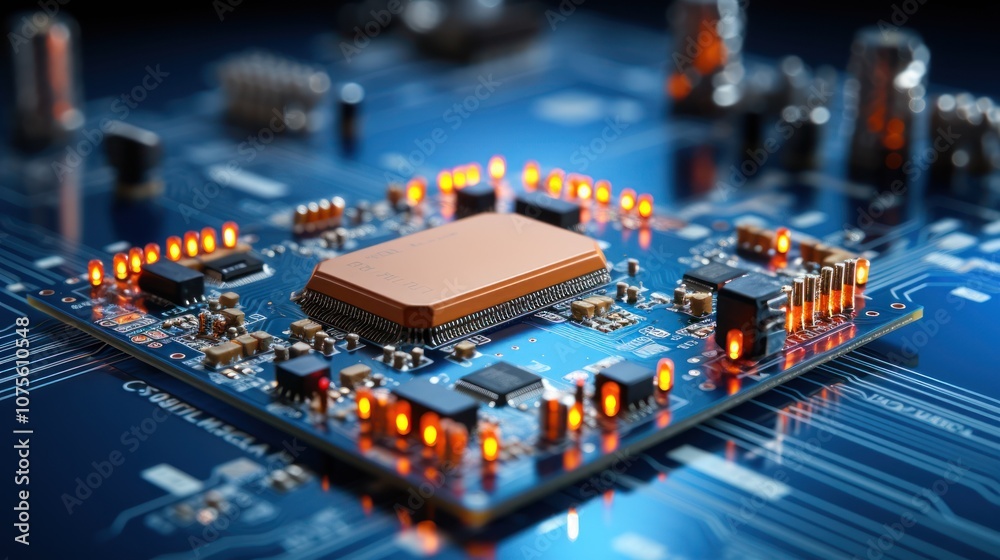 Obraz premium High-Tech Circuit Board with Advanced Microprocessors and Electronic Components. Futuristic Technology Background