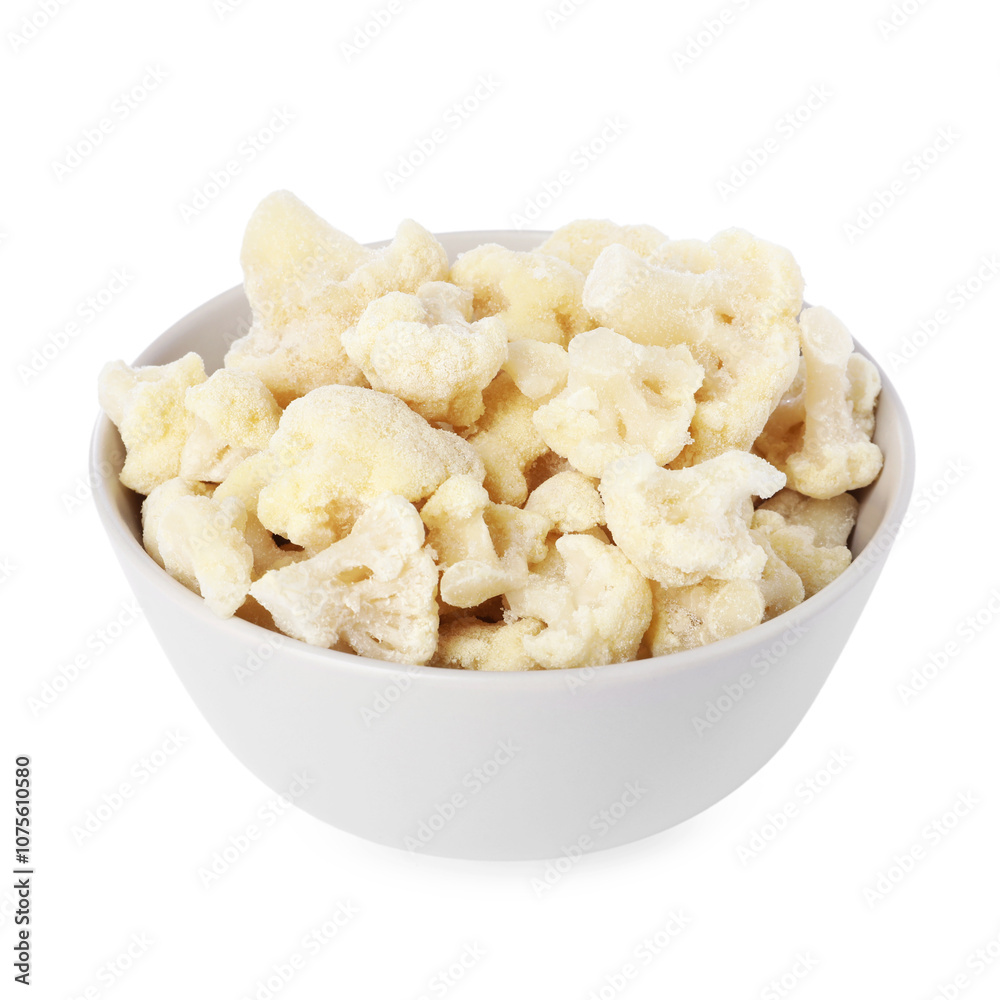 Frozen cauliflower in bowl isolated on white Frozen cauliflower in bowl isolated on white