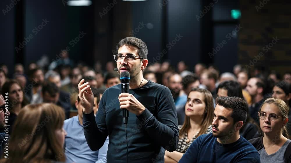 A man from the audience asks a question to the speaker A man from the audience asks a question to the speaker