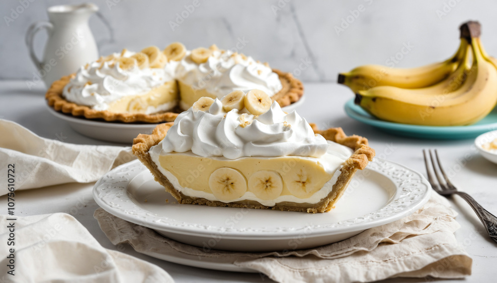 classic banana cream pie with whipped topping, retro setup