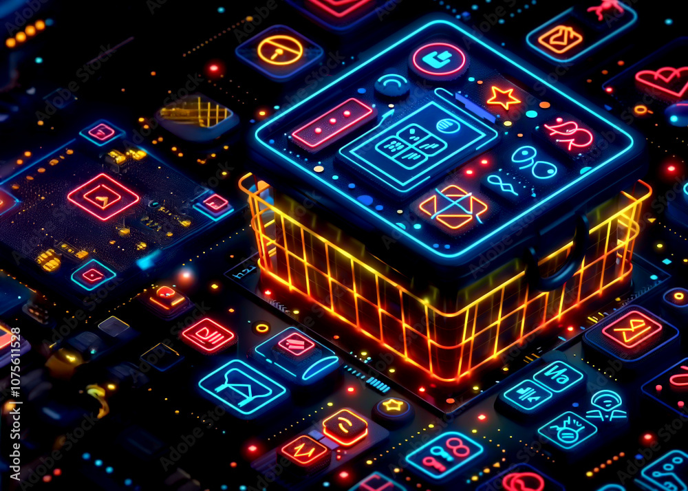 A vibrant digital basket overflowing with colorful icons in a tech-inspired layout A vibrant digital basket overflowing with colorful icons in a tech-inspired layout