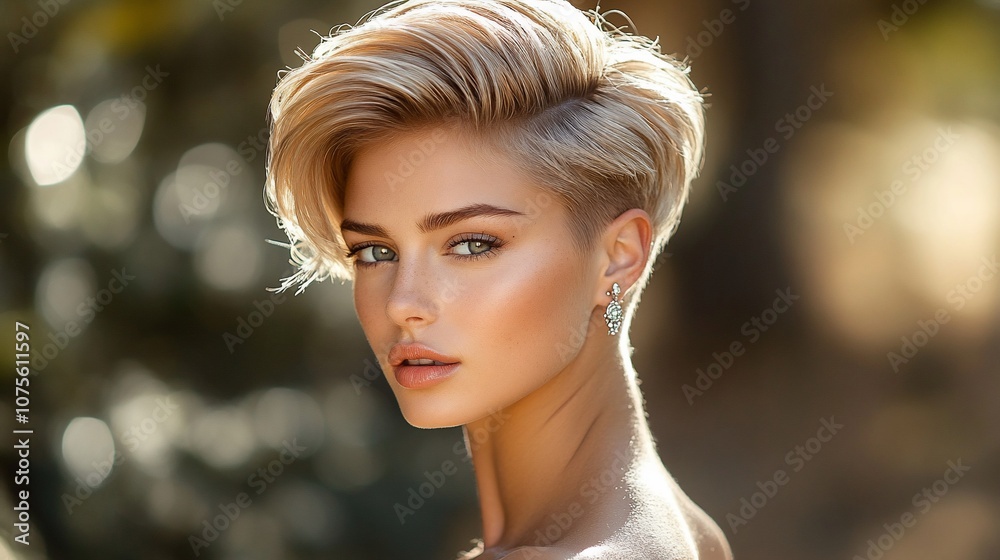 Portrait of a beautiful young woman with short blonde hair, looking at the camera. Portrait of a beautiful young woman with short blonde hair, looking at the camera.