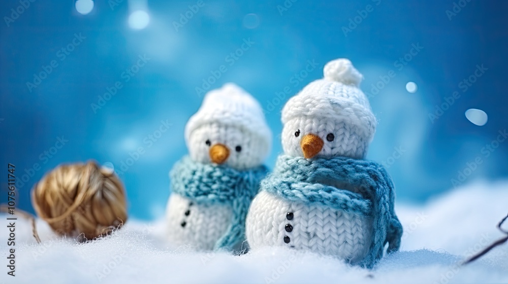 Obraz premium Cute Knitted Snowmen with Scarves and Hats on Blue Background