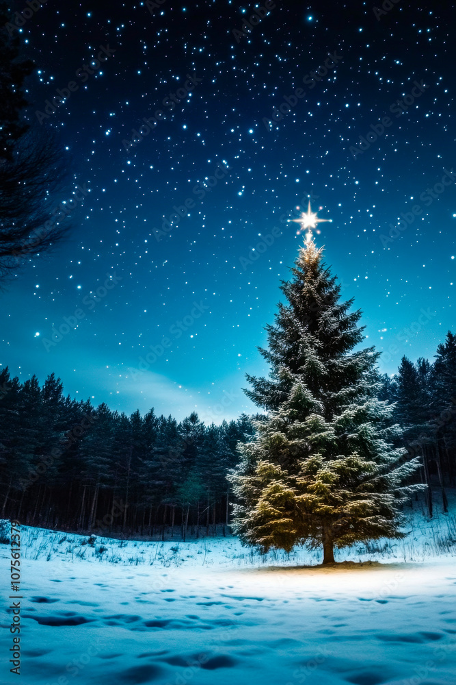 A Christmas tree stands on a snowy clearing against the backdrop of a winter forest and starry sky, Merry Christmas and New Year concept, space for text A Christmas tree stands on a snowy clearing against the backdrop of a winter forest and starry sky, Merry Christmas and New Year concept, space for text
