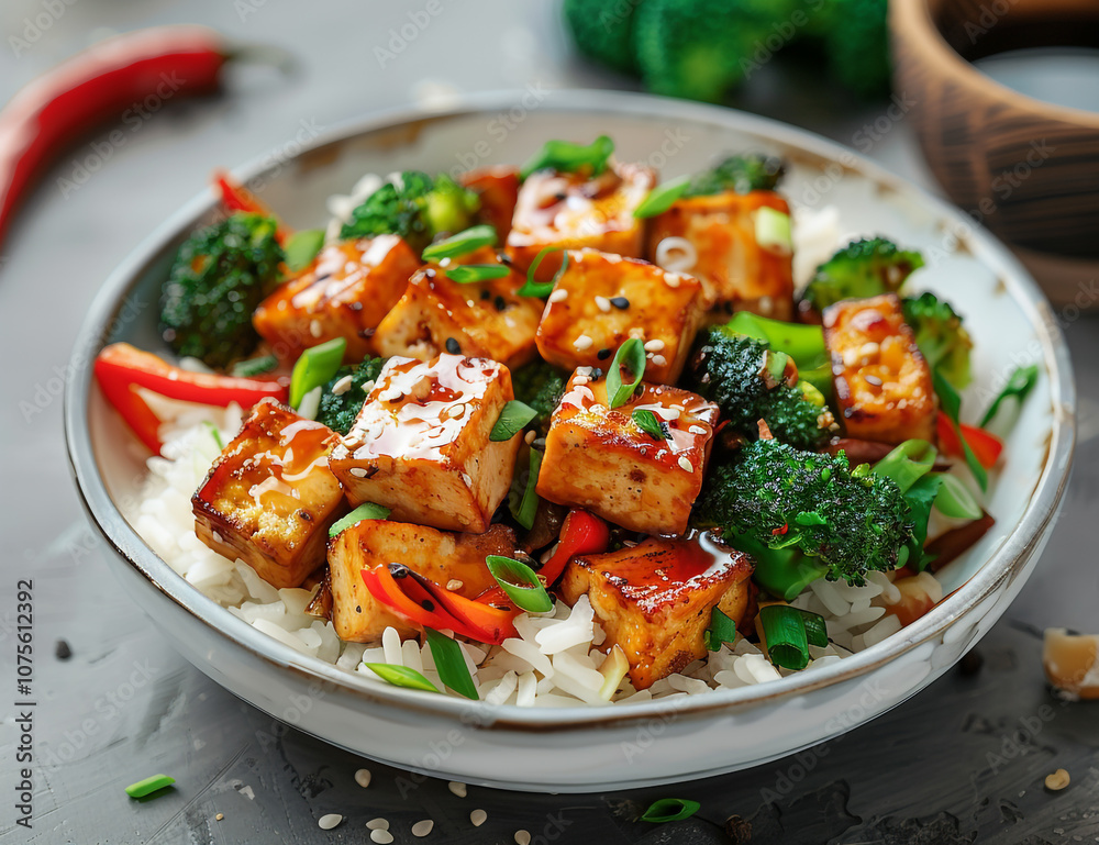 Delicious Vegetable Stir-Fry with Tofu and Rice on a White Plate Delicious Vegetable Stir-Fry with Tofu and Rice on a White Plate