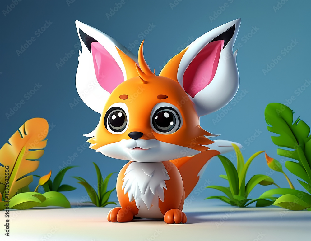 Obraz premium Cute fox character in a colorful jungle setting, surrounded by vibrant foliage