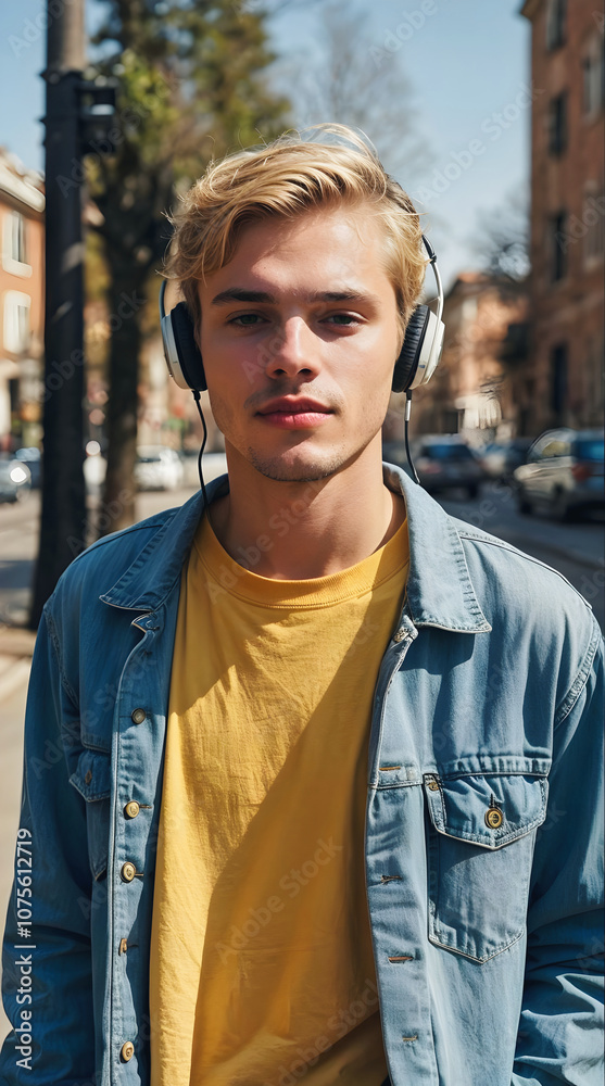 Portrait of handsome young blonde man, teenager with mobile phone listening music on headphones, people background