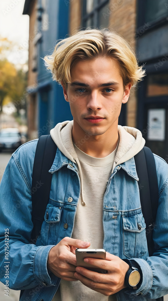 Portrait of handsome young blonde man, teenager with mobile phone listening music on headphones, people background