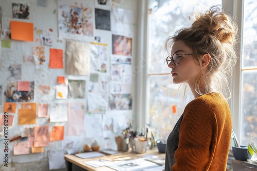Designer contemplating next steps in creative workspace