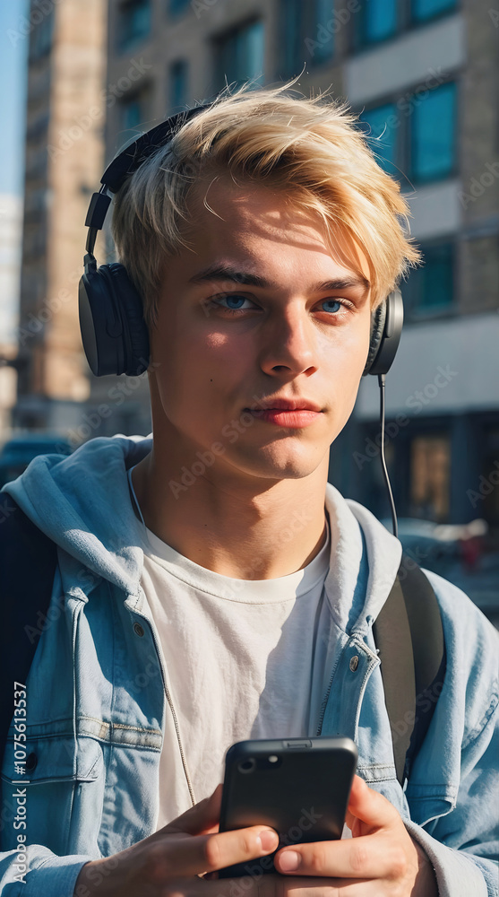 Portrait of handsome young blonde man, teenager with mobile phone listening music on headphones, people background