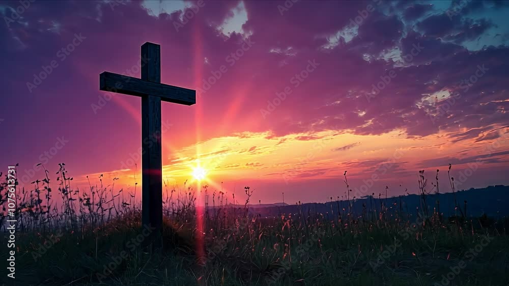 A cross standing in a field at sunset symbolizes faith and hope in the Christian tradition. Faith and Christianity concept A cross standing in a field at sunset symbolizes faith and hope in the Christian tradition. Faith and Christianity concept