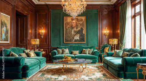 Green Velvet Living Room with Crystal Chandelier