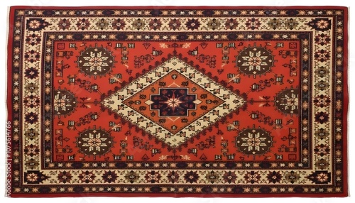 Traditional Arabian red rug with a central diamond medallion surrounded by repeating geometric patterns