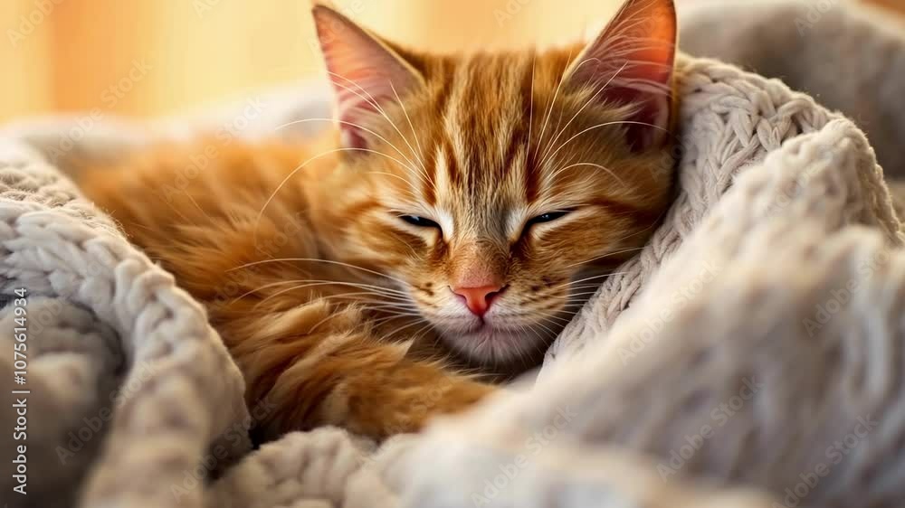 A cute little red kitten is sleeping wrapped in blanket. Autumn cold. A cute little red kitten is sleeping wrapped in blanket. Autumn cold.