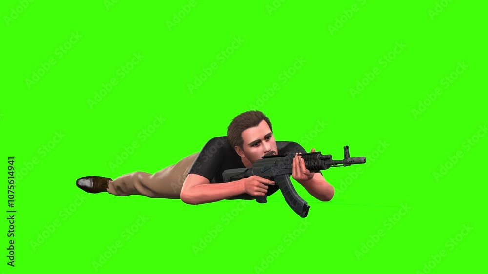 4k military soldier shooting with an AK-47 rifle prone position on a green background, 3d animation of a soldier character assault rifle firing with front side camera view on chroma key 4k military soldier shooting with an AK-47 rifle prone position on a green background, 3d animation of a soldier character assault rifle firing with front side camera view on chroma key