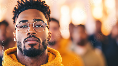 Young Black man wearing glasses looks intently at the camera.